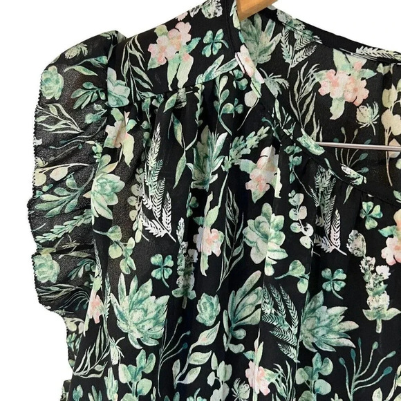 Kaari Floral Sheer Blouse Plus 3X Keyhole Flowy Black Green Pink Ruffle Sleeves - Picture 4 of 7